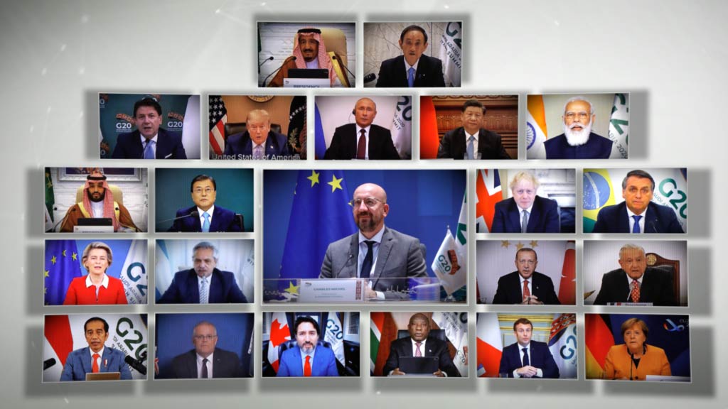 Photo collage of G20 leaders connected via video conference