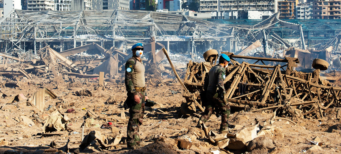 Peacekeepers from the UN mission, UNIFIL, assess the magnitude of the blast that destroyed Beirut Port, Lebanon.
