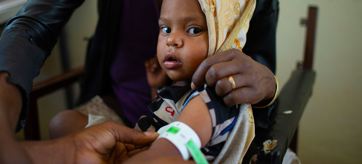 A child is screened for malnutrition at a health centre in Tigray, Ethiopia.