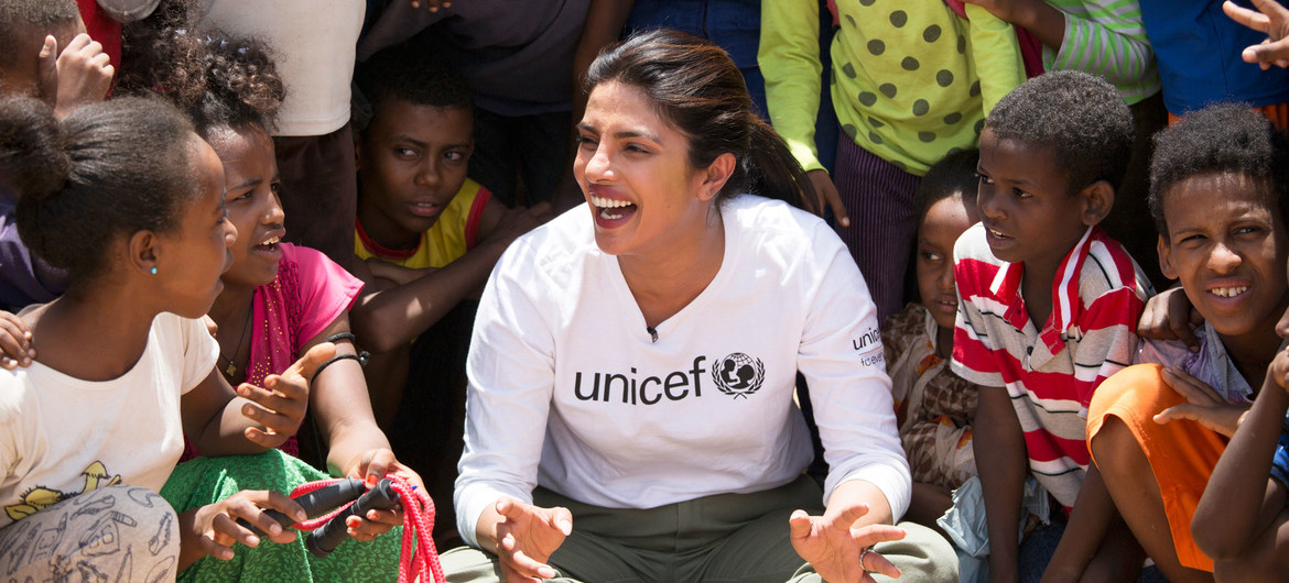 UNICEF Goodwill Ambassador Priyanka Chopra Jonas watches a football game between Eritrean refugee children and children from Ethiopia in the country's Hitsats refugee camp.