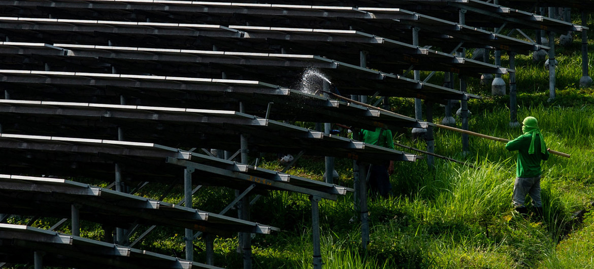 Workers clean solar panels at a solar farm in Manila, Philippines.