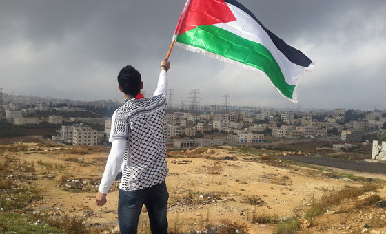 Young man waves flag of Palestine.
