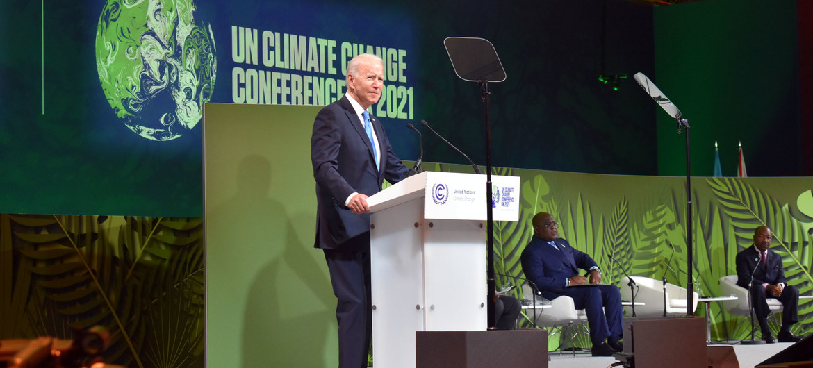 US President Joseph R. Biden addresses the COP26 Climate Conference in Glasgow, Scotland.