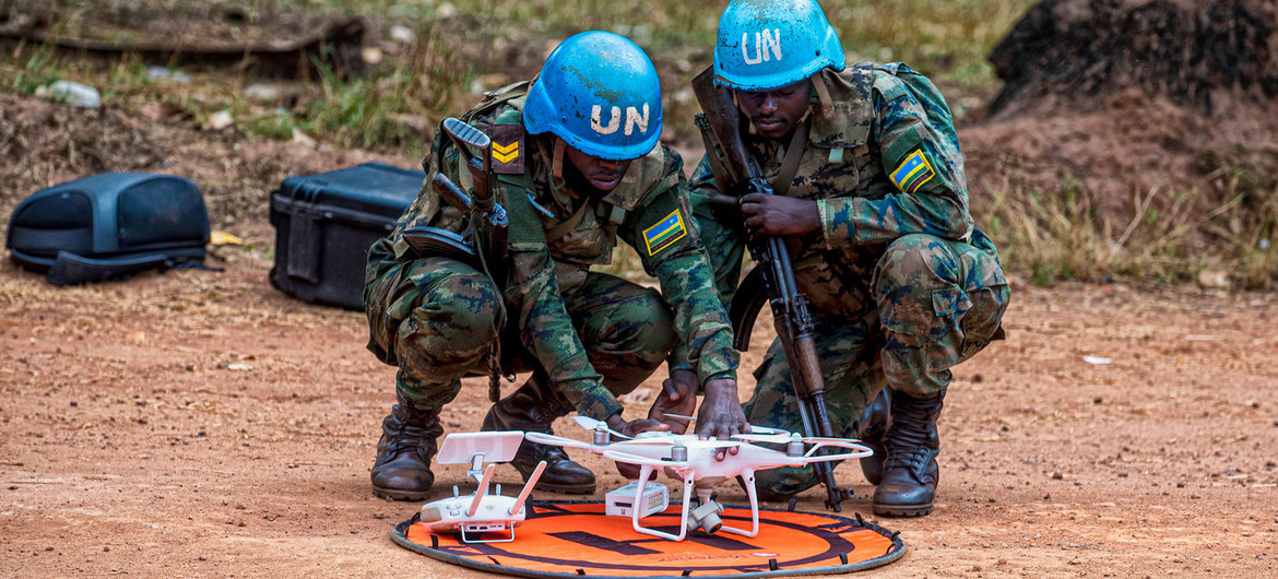 Peacekeepers prepare to launch an observation drone to spot positions of armed groups in Central African Republic.