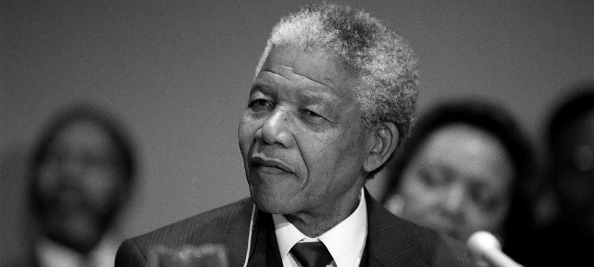 Nelson Mandela, the former President of South Africa, addresses a press conference at UN Headquarters in New York in December 1991.