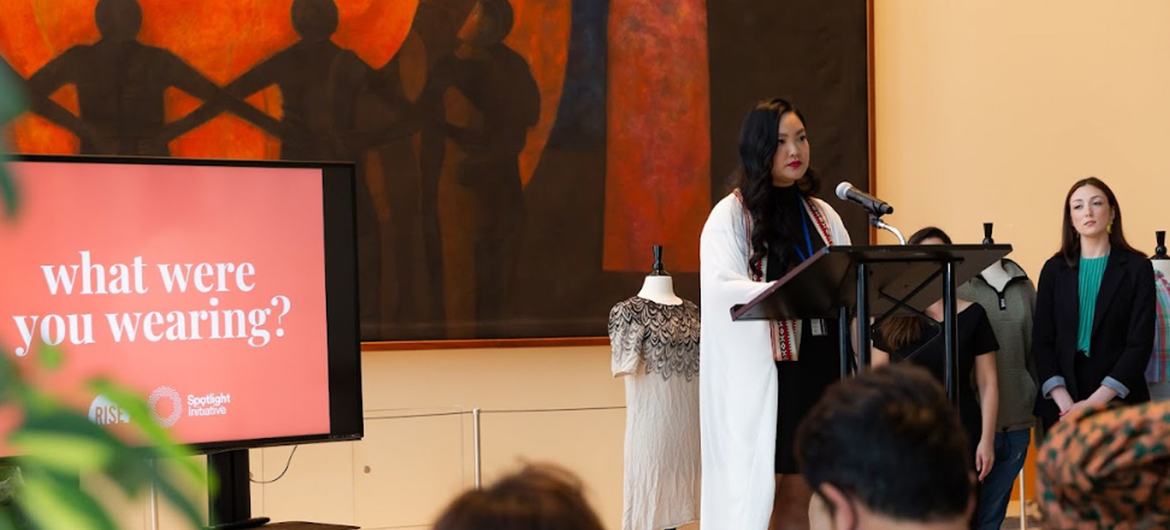 Sexual assault survivor Amanda Nguyen, CEO and Founder of Rise, speaks during exhibit reception in the Sputnik Lobby of UN Headquarters in New York.