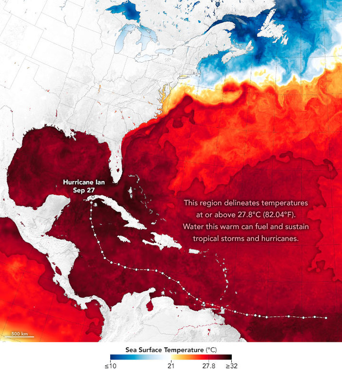 Map showing sea surface temperatures (SSTs) as measured on September 26 by a combination of satellite and ocean instruments and processed by NASA scientists.