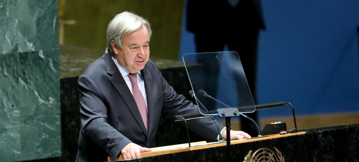Secretary-General António Guterres addresses the first plenary meeting of the 77th session of the United Nations General Assembly.