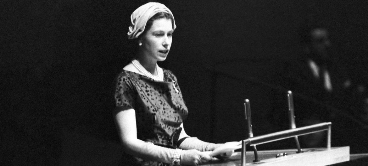 Queen Elizabeth II of the United Kingdom addresses the United Nations General Assembly in October 1957.