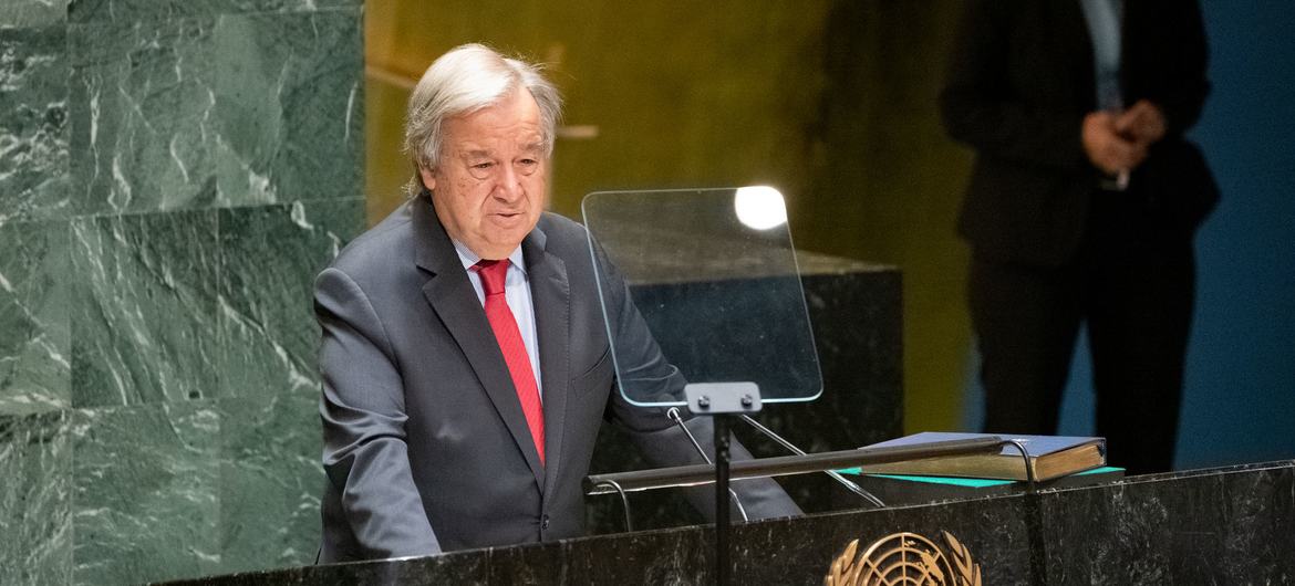 Secretary-General António Guterres addresses the closing meeting of the 76th session of the United Nations General Assembly.