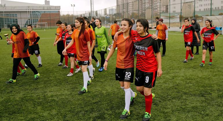 In Turkey, young women play in a soccer match to end violence against women and girls.