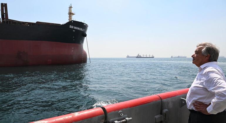 In Istanbul, UN Secretary-General António Guterres observes the WFP ship SSI Invincible 2, headed to Ukraine to pick up the largest cargo of grain yet exported under the Black Sea Grain Initiative.