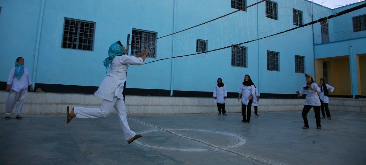 Girls play volleyball at a school in Herat, Afghanistan, in 2016.