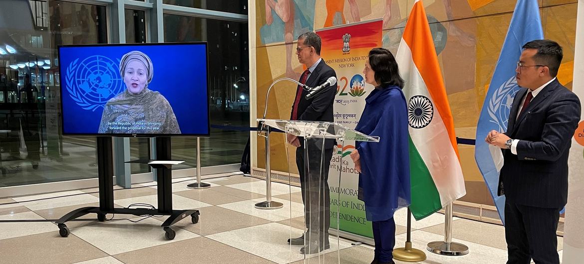 UN Deputy Secretary-General Amina Mohammed delivers her video remarks at the exhibition launch event as Ambassador Ruchira Kamboj, Permanent Representative of India to the UN looks on.