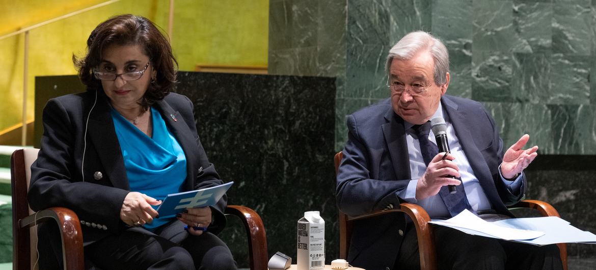 UN Secretary-General António Guterres (right) speaks during a Town Hall meeting with Civil Society moderated by Sima Sami Bahous (left), Executive Director of UN-Women.