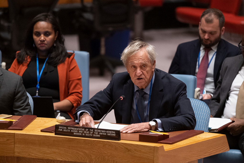Nicholas Haysom, Special Representative of the UN Secretary-General and Head of the UN Mission in South Sudan, briefs the Security Council meeting on the situations in the Sudan and South Sudan.