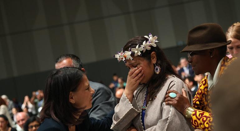 Moriana Philip, a representative from Marshall Islands, in tears during the closing plenary at COP28 in Dubai, UAE.