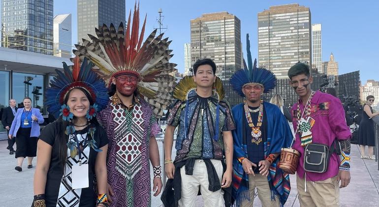 Indigenous people from Brazil gather at the UN in New York.