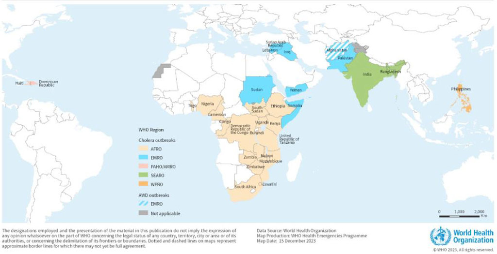 Global epidemics of cholera and acute watery diarrhoea reported in 2023, as of 15 December 2023