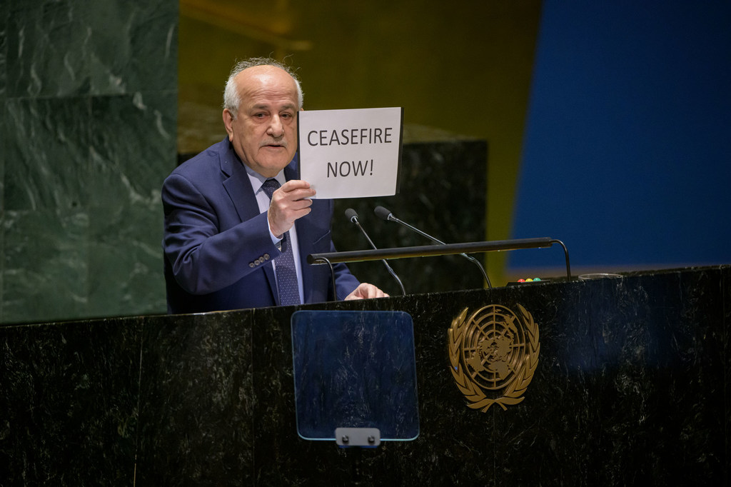 Riyad Mansour, Permanent Observer of the State of Palestine to the United Nations, addresses the UN General Assembly meeting on the situation in the Middle East, including the Palestinian question.