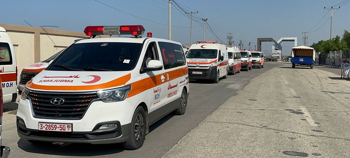 Injured Palestinians are taken in ambulances from Gaza through the Rafah crossing into Egypt.